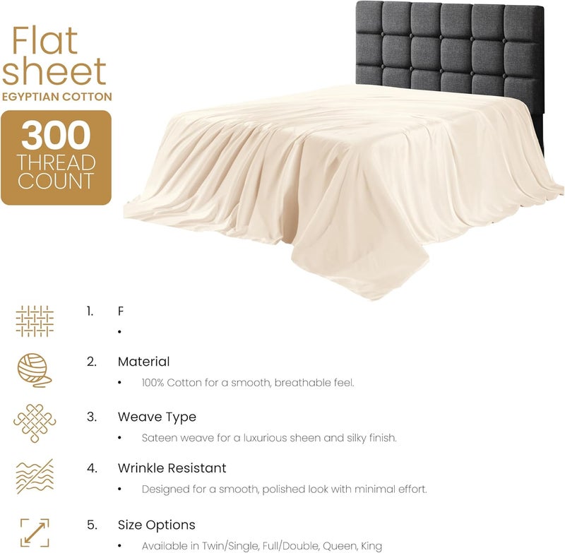 Siesta Zen شيت سرير مسطح كوين من قطن مصري 100% - سييستا زين 270x280 سم - ناعم للغاية بوزن 300 خيط، مقاوم للتلاشي والتجاعيد (كريم) - Image 4